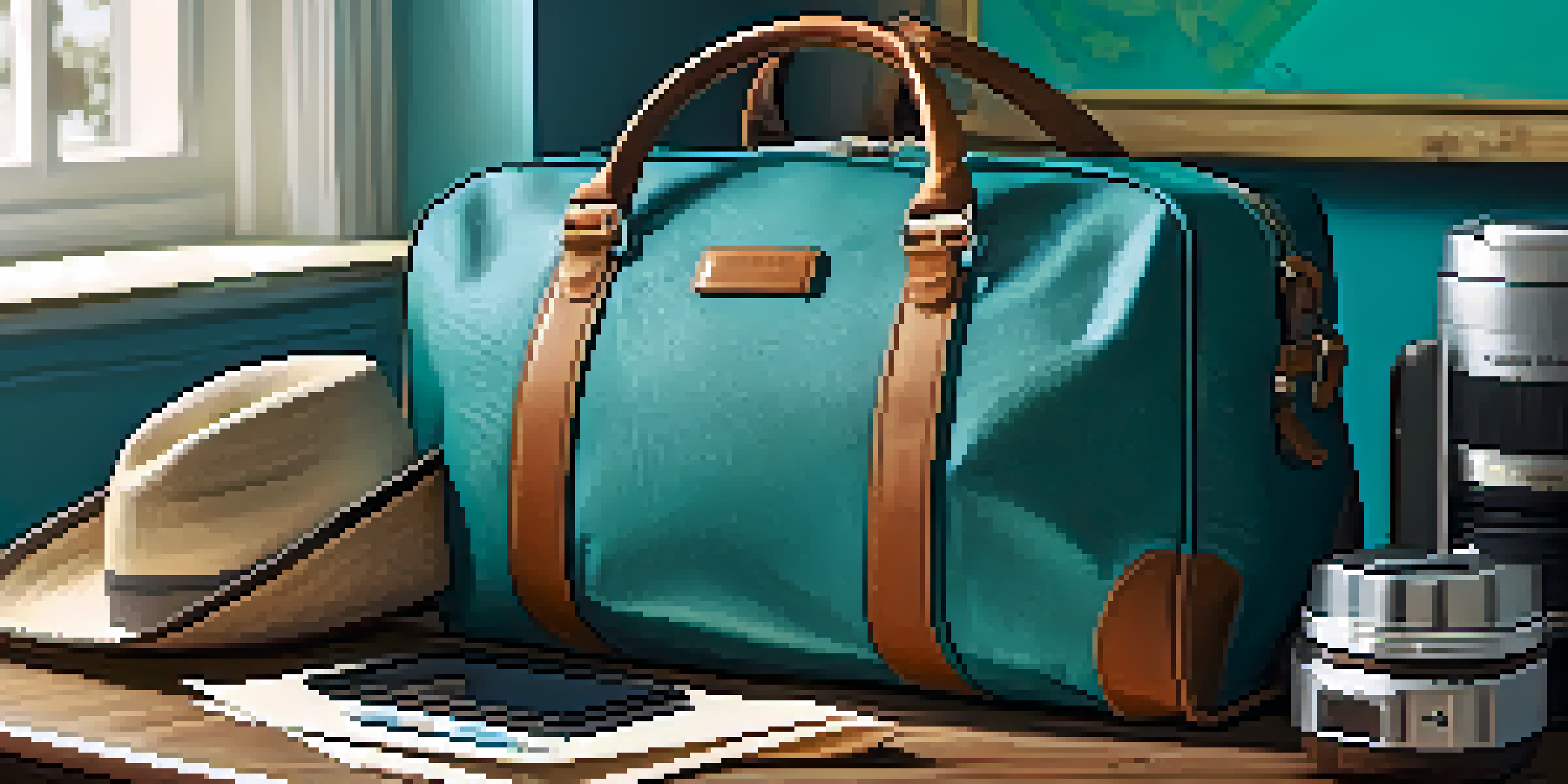 A vibrant teal travel bag with compartments on a wooden table, surrounded by a travel mug, sunglasses, and a passport holder in a sunlit room.