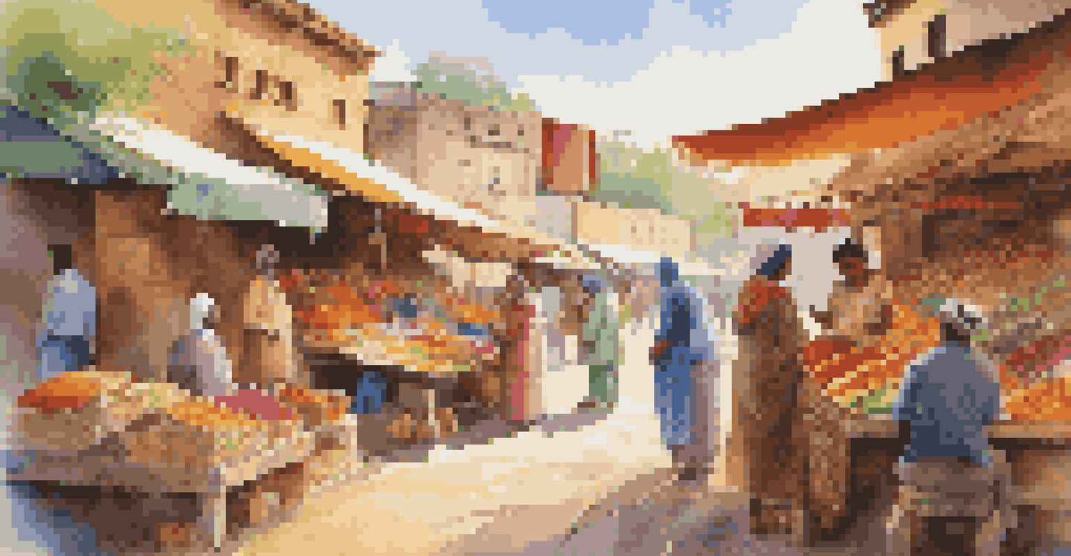 A volunteer interacting with a child in a bustling marketplace filled with colors and local crafts.