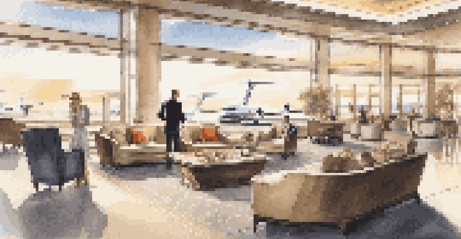 A luxurious airport lounge with contemporary furniture and a view of private jets, showcasing a serene travel environment.
