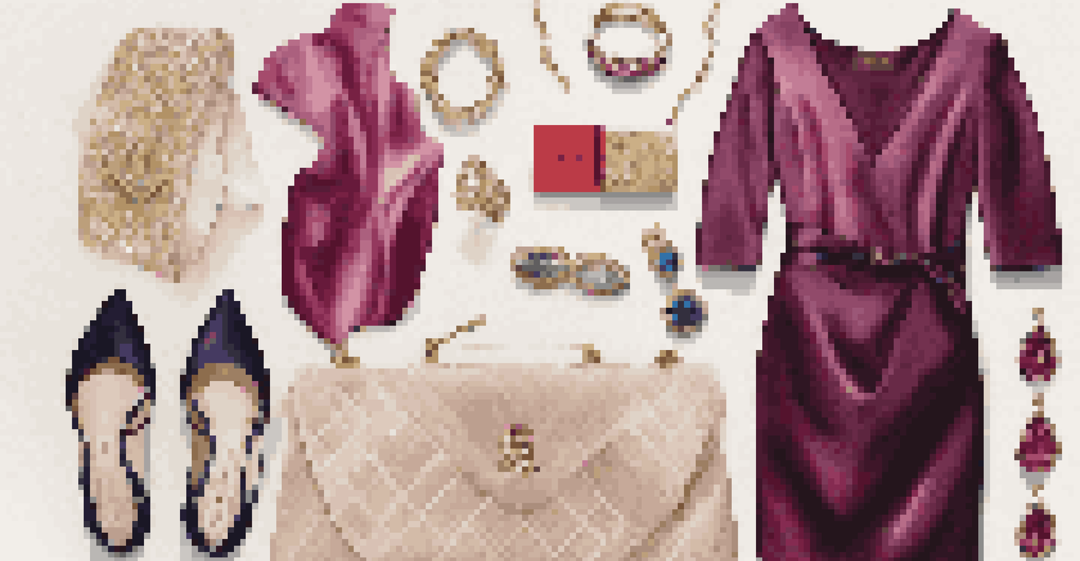A flat lay of luxury fashion items including a dress and accessories, on a textured fabric background with a loyalty program card.