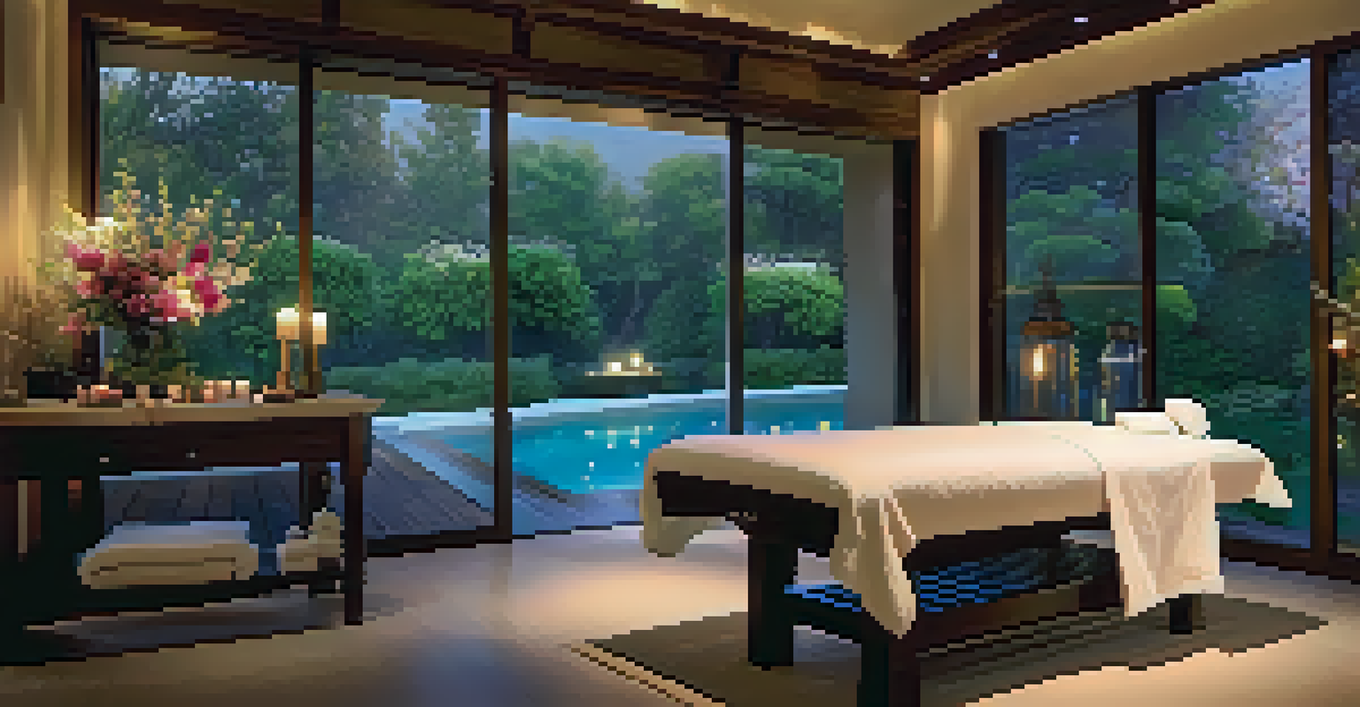 A luxurious spa treatment room with a massage table, candles, and a view of a beautiful garden.