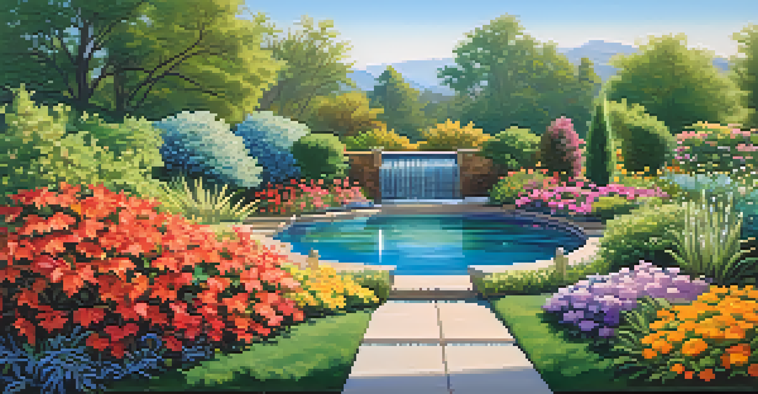 A peaceful garden with a drip irrigation system watering colorful flowers, under a clear blue sky.