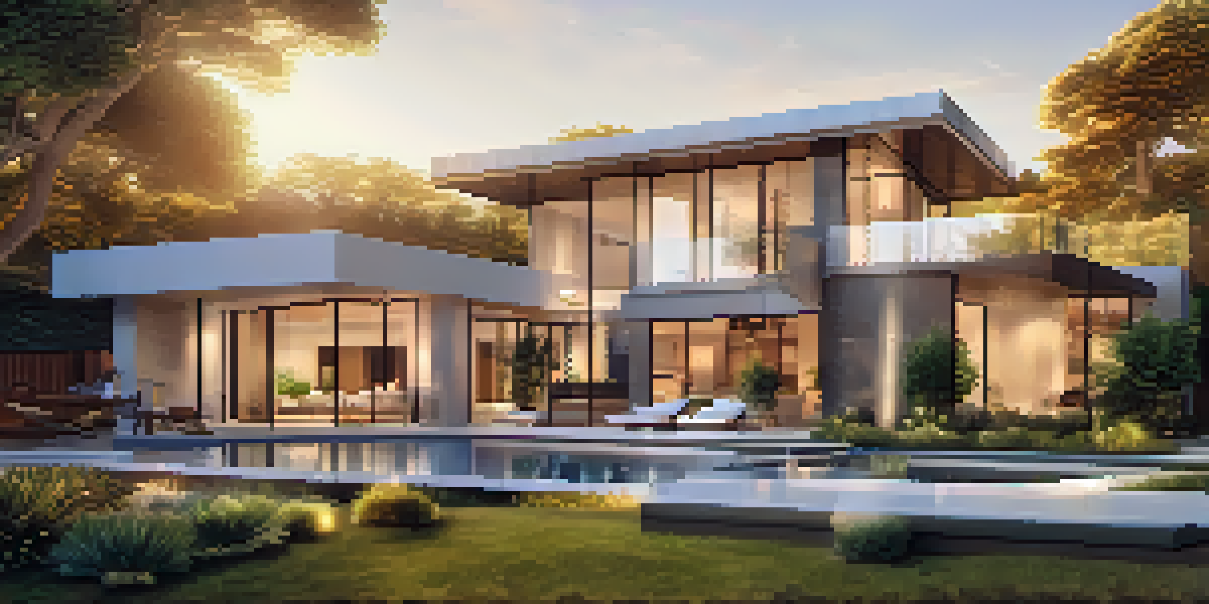 A modern luxury home showcasing integrated security features, illuminated by warm sunlight during golden hour.