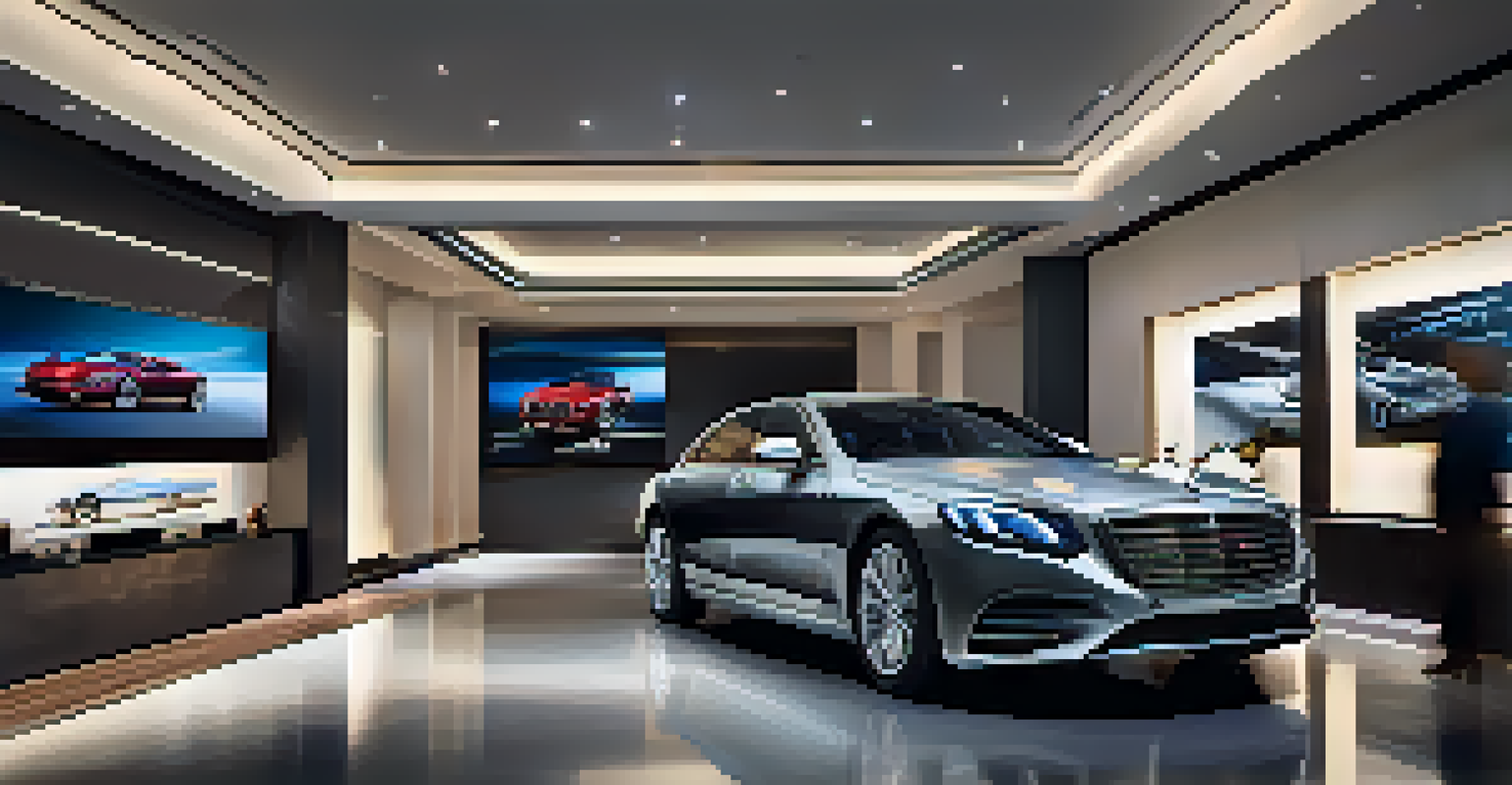 A luxury car showroom with a high-end vehicle and customers engaging in a virtual driving simulation.