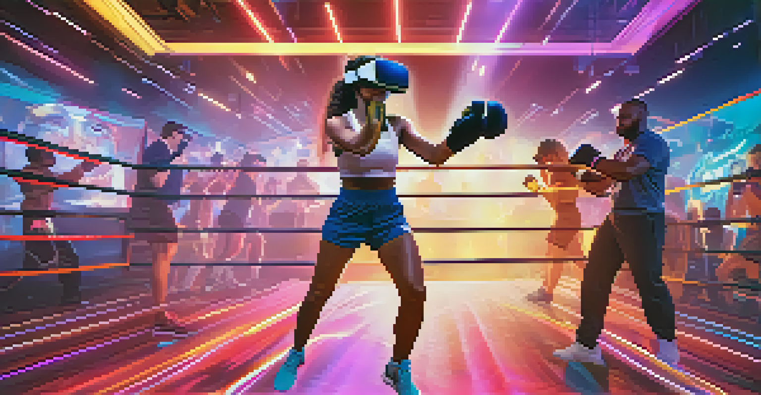A person boxing in a virtual reality fitness game, surrounded by vibrant lights and a cheering crowd, showcasing an energetic workout environment.