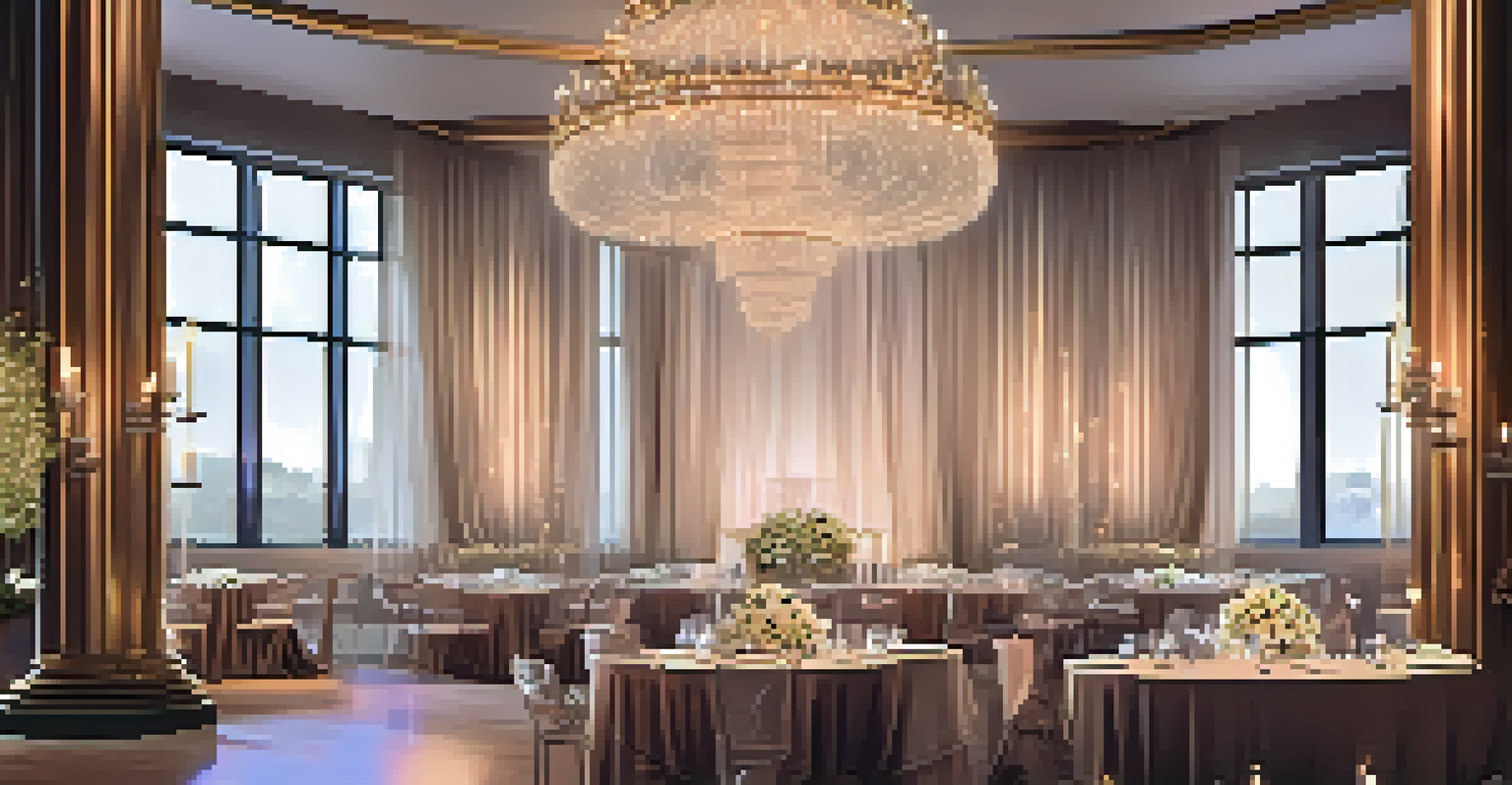 An elegant event space decorated with luxurious fabrics, soft lighting, and art pieces.