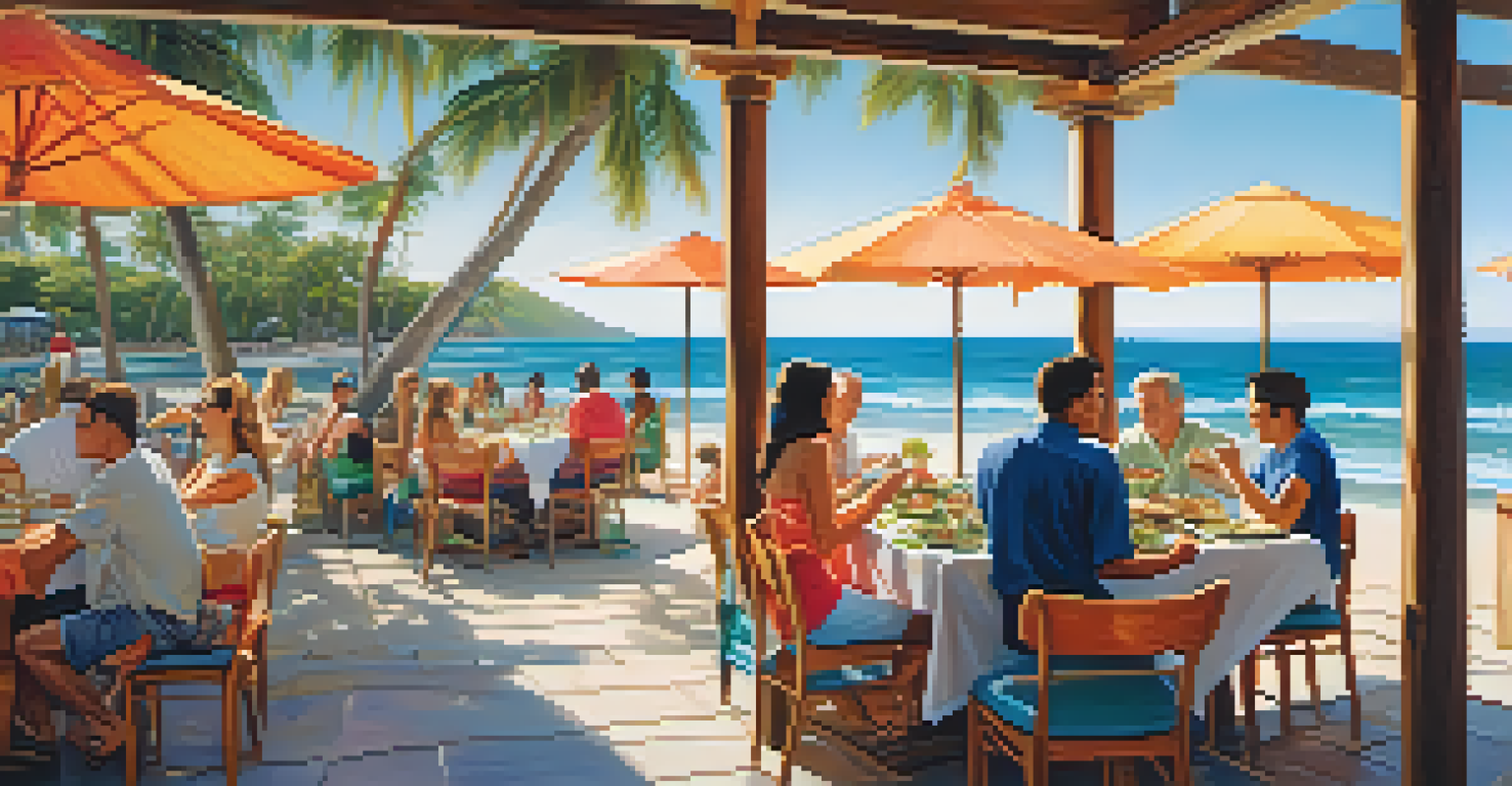 Diners enjoying sushi tacos at a beach restaurant, with colorful dishes and ocean waves in the background.