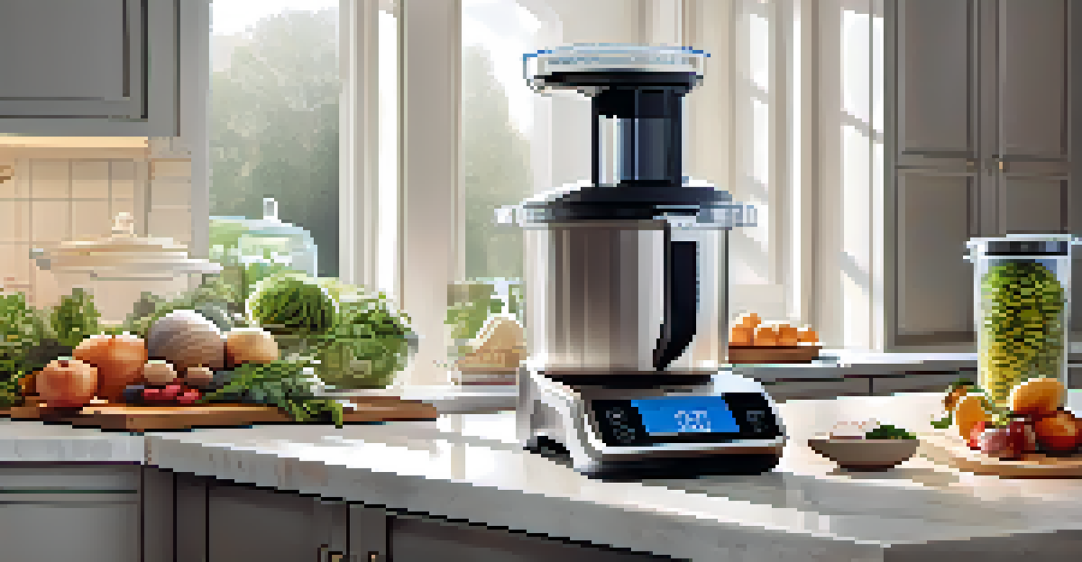 A modern kitchen with a smart scale and fresh food, designed for meal prep.