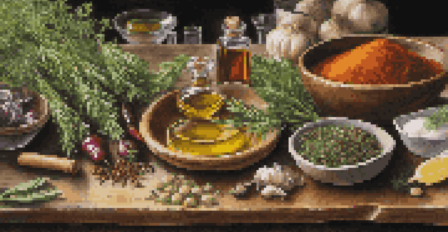 A close-up of fresh, high-quality cooking ingredients on a wooden table, highlighting their textures and colors.