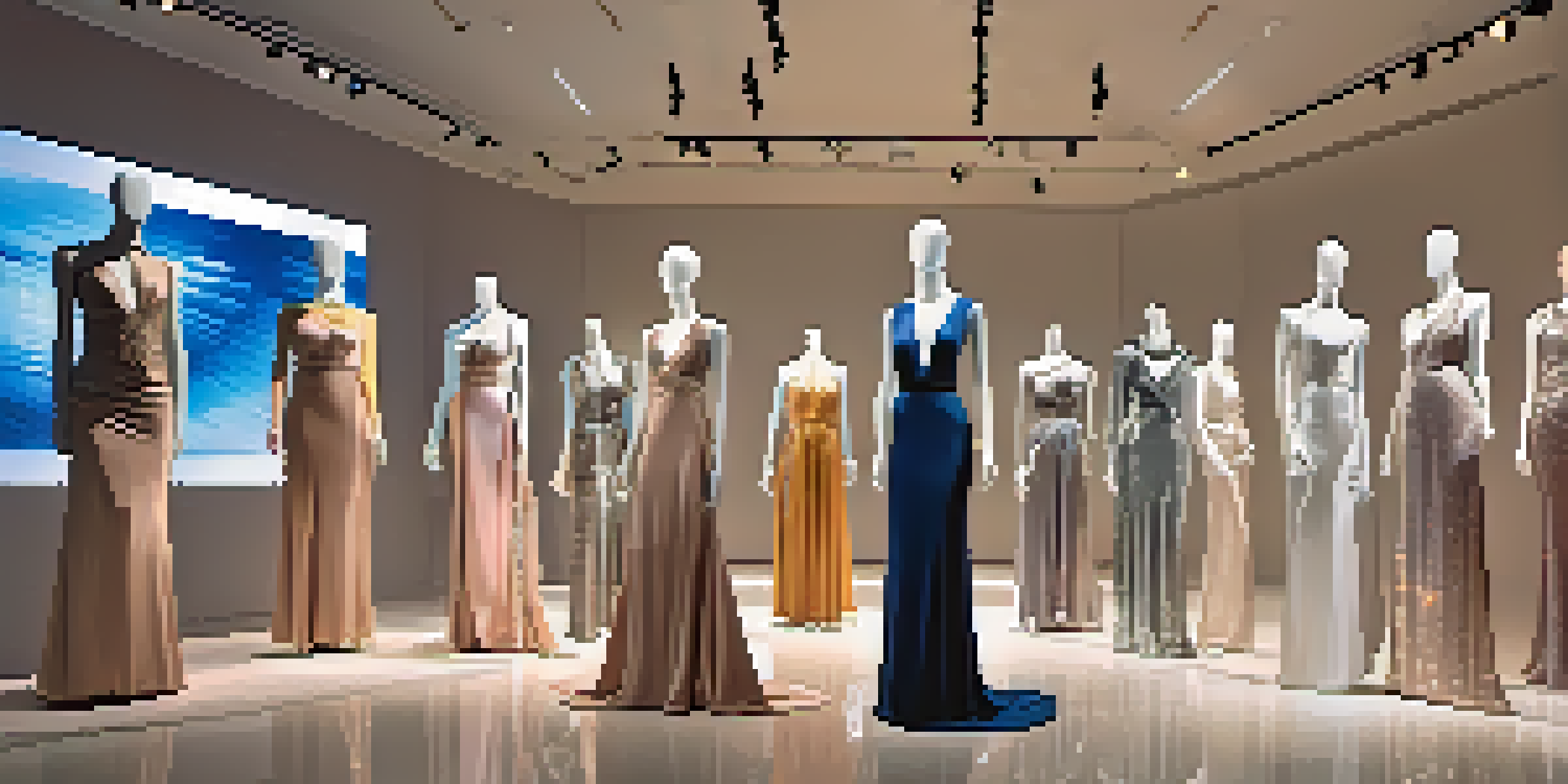 A virtual fashion showroom with elegant clothes and high-tech displays, illuminated by soft lighting.