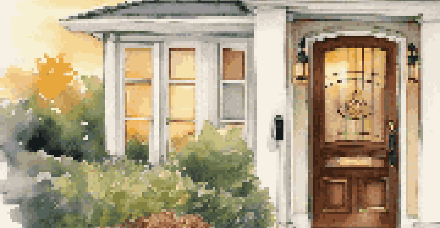 A close-up of a smart security device on a luxury home's front door, with a beautiful sunset in the background.