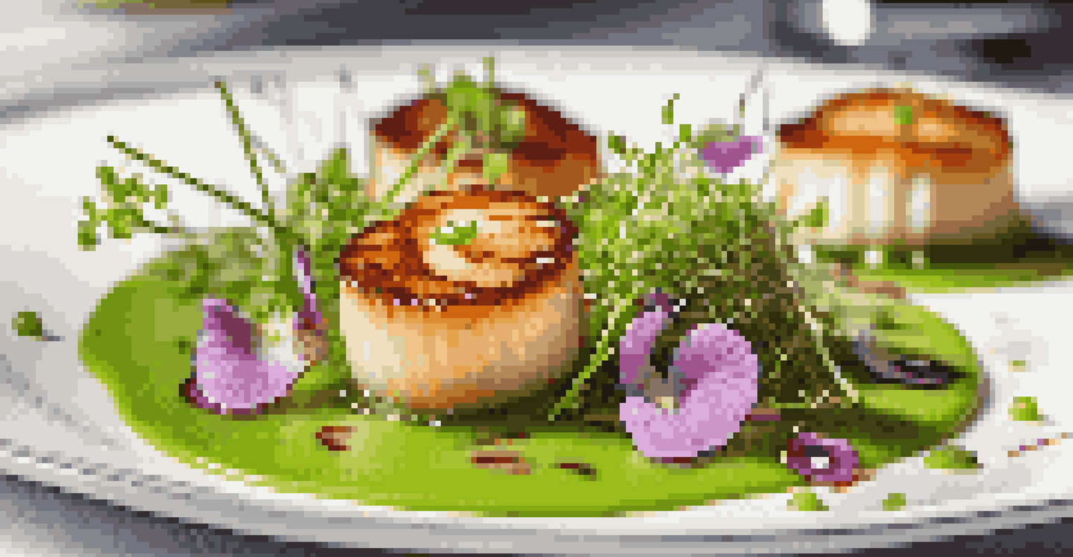 A gourmet dish with seared scallops, pea puree, and elegant garnishes beautifully plated.