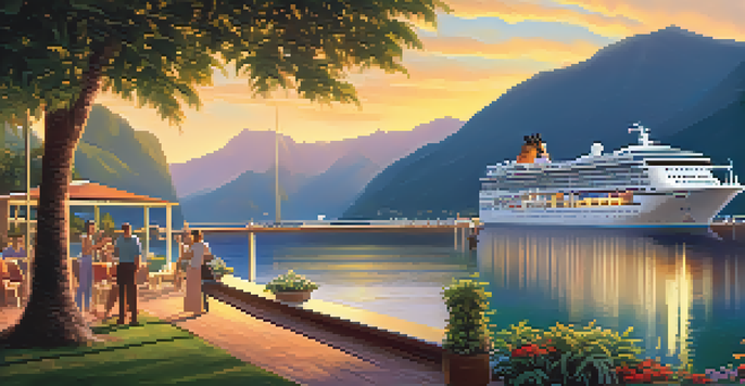 A luxury cruise ship docked at a port with lush mountains behind it, showing passengers participating in volunteer activities like planting trees and cleaning the beach during sunset.