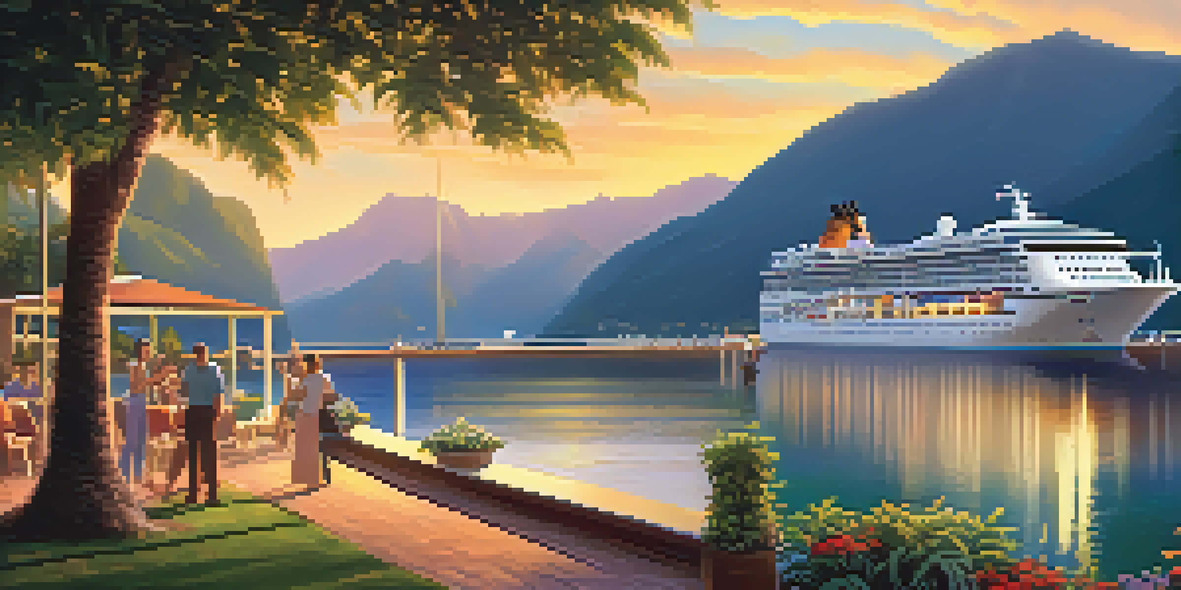 A luxury cruise ship docked at a port with lush mountains behind it, showing passengers participating in volunteer activities like planting trees and cleaning the beach during sunset.