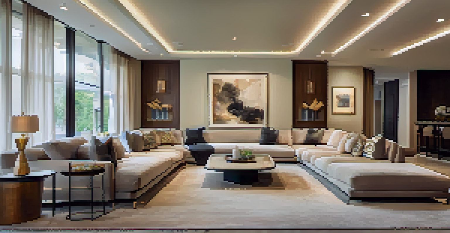 A modern living room with layered lighting, including recessed lights, table lamps, and wall sconces, creating a warm atmosphere.