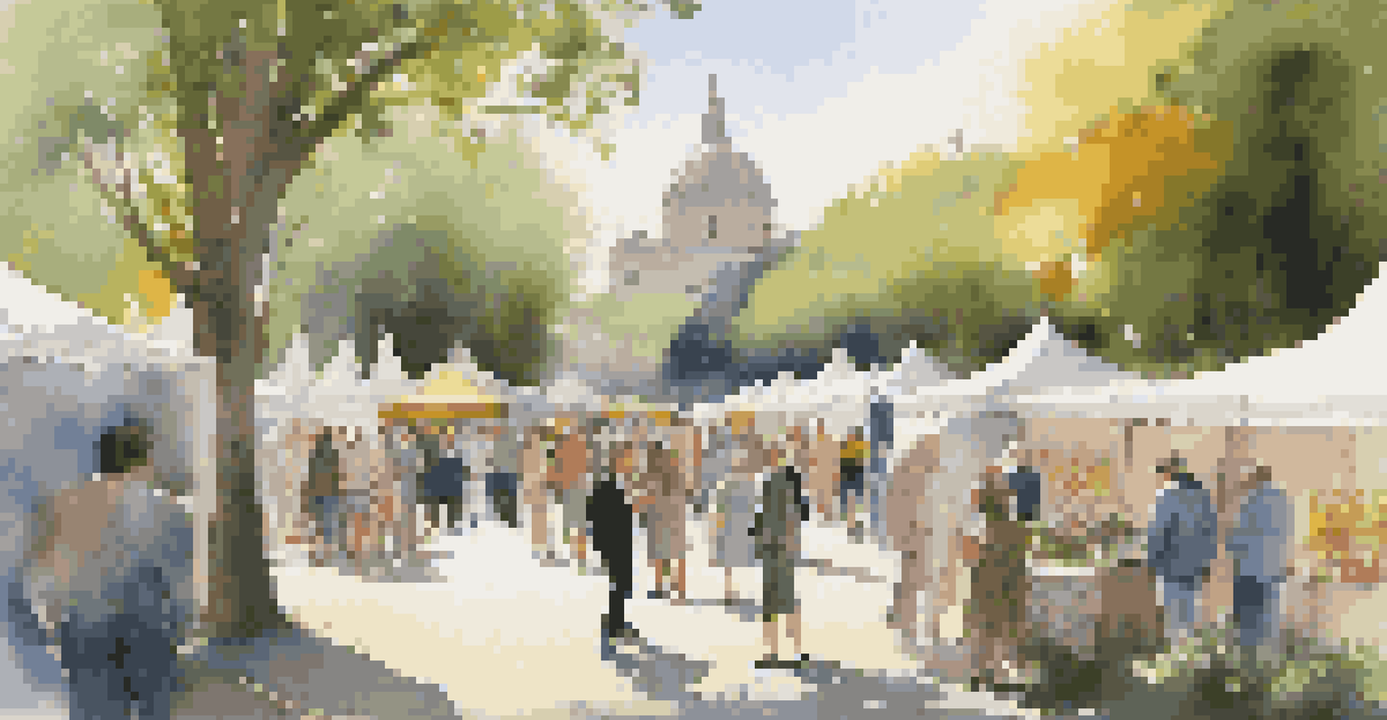 An outdoor art fair in a park, featuring colorful tents, artists, and visitors surrounded by greenery.