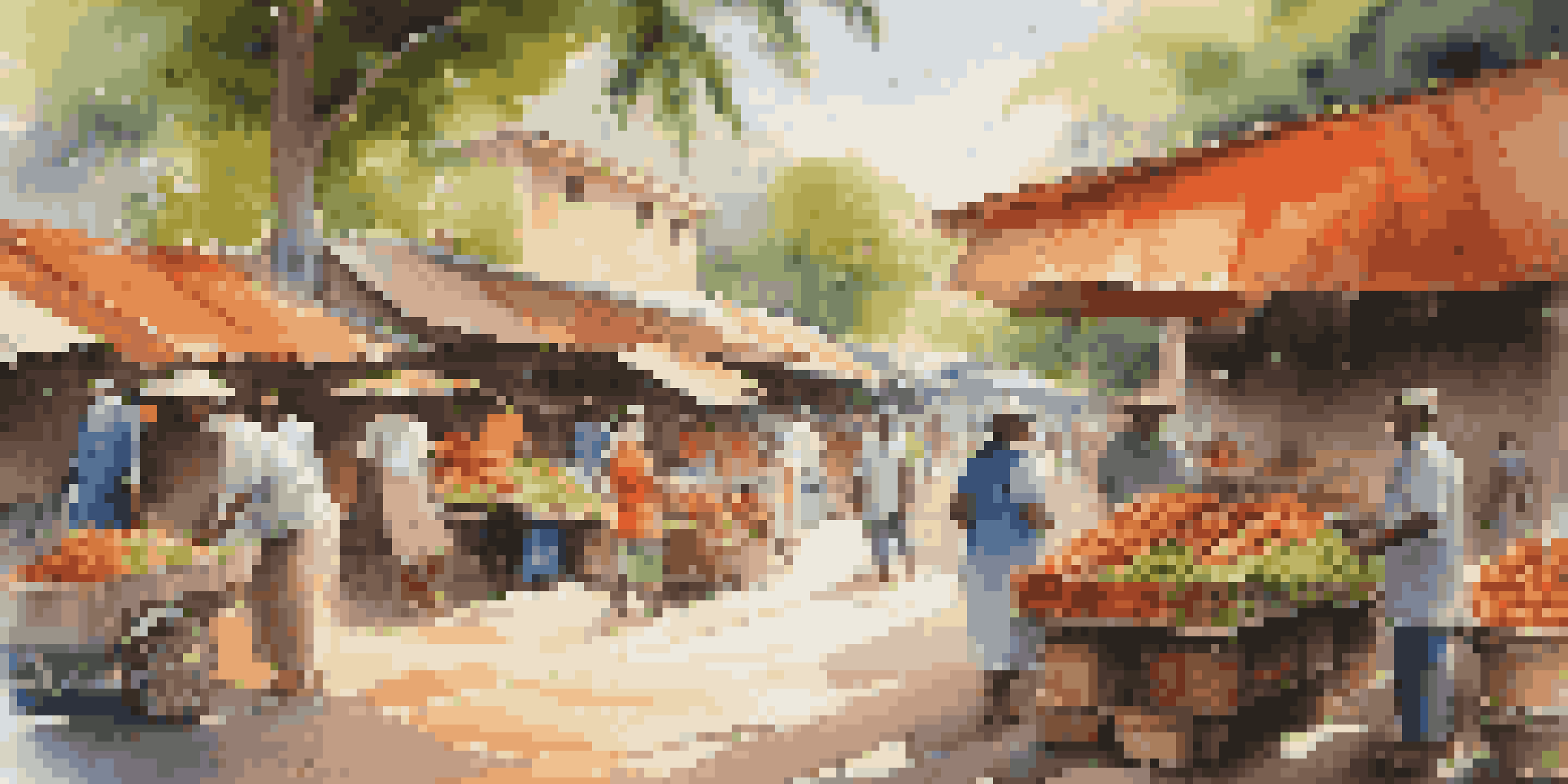 A colorful local market with tropical fruits and seafood, sunlight filtering through trees, and shoppers interacting with vendors.