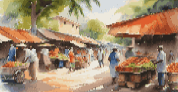 A colorful local market with tropical fruits and seafood, sunlight filtering through trees, and shoppers interacting with vendors.