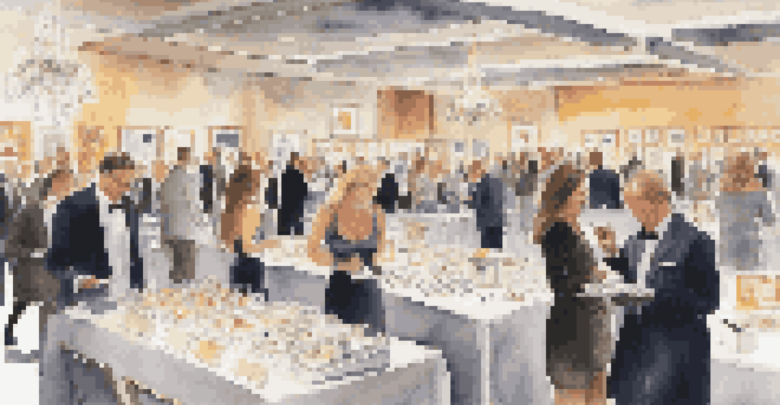 A silent auction at a charity event with tables displaying luxury items and guests placing bids.