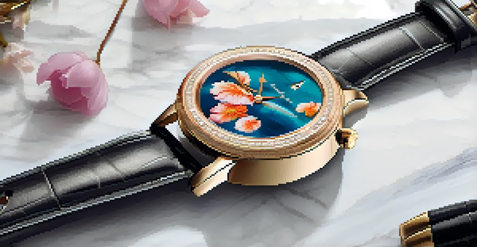 A detailed view of a luxury smartwatch on a marble surface, featuring a gold bezel, a floral watch face, and a leather strap.