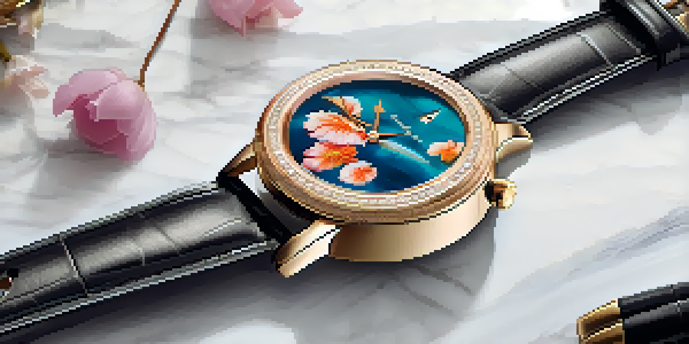 A detailed view of a luxury smartwatch on a marble surface, featuring a gold bezel, a floral watch face, and a leather strap.