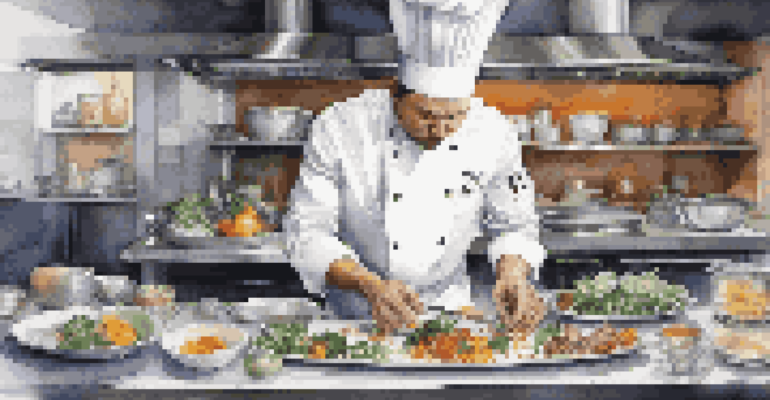 A chef plating a gourmet dish in a modern kitchen, showcasing the intricate details of a tasting menu with fresh ingredients.