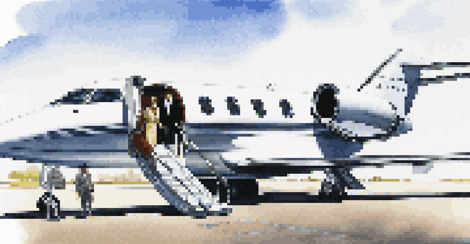 A private jet on a tarmac with a group of well-dressed individuals descending the stairs, ready for a sports event.
