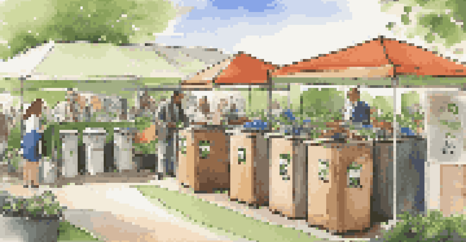 A modern waste management station at an event, encouraging guests to recycle and compost with clear signage.
