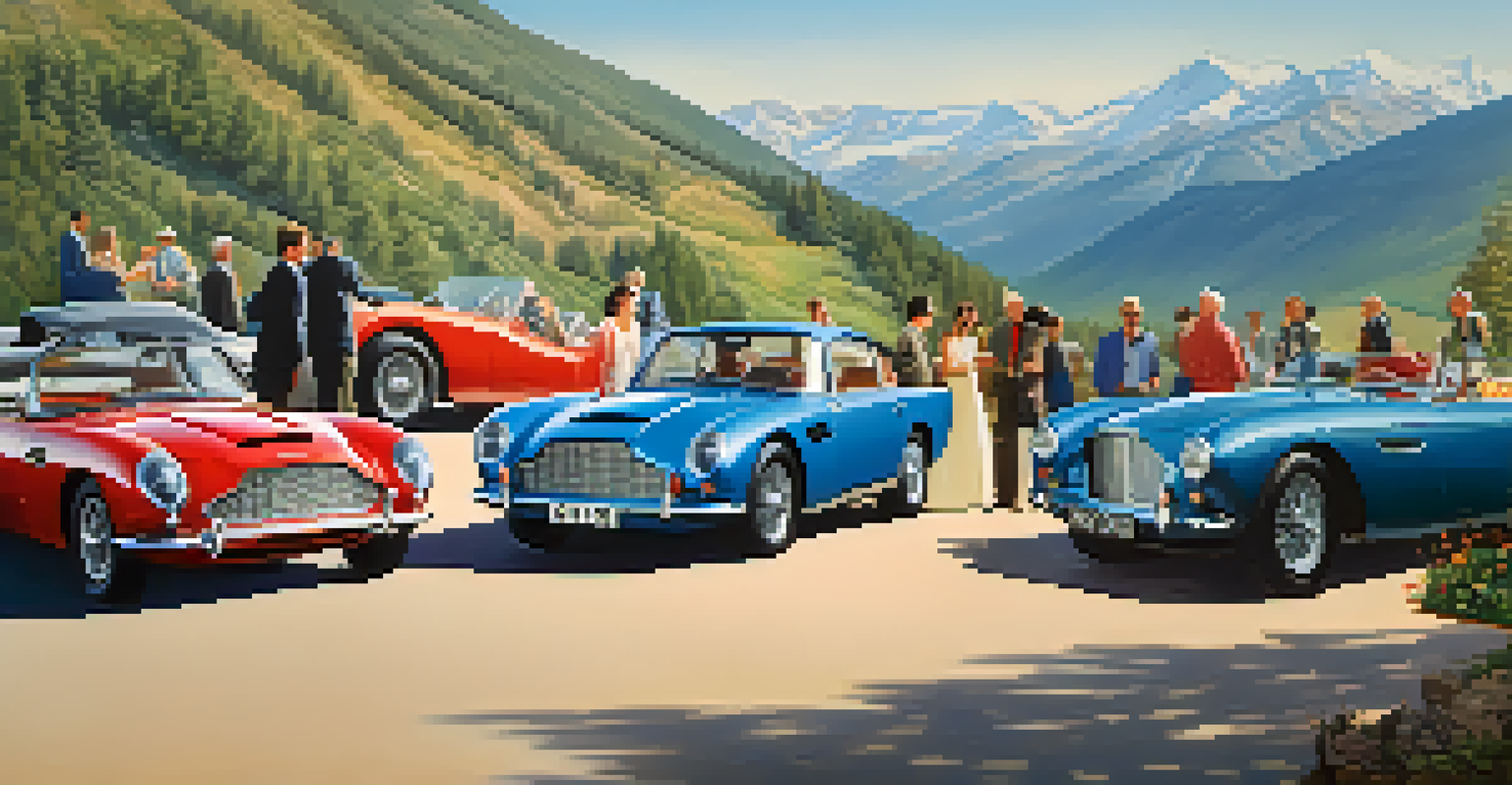 A group of car enthusiasts around a classic Aston Martin at a luxury auto retreat, with mountains in the background.
