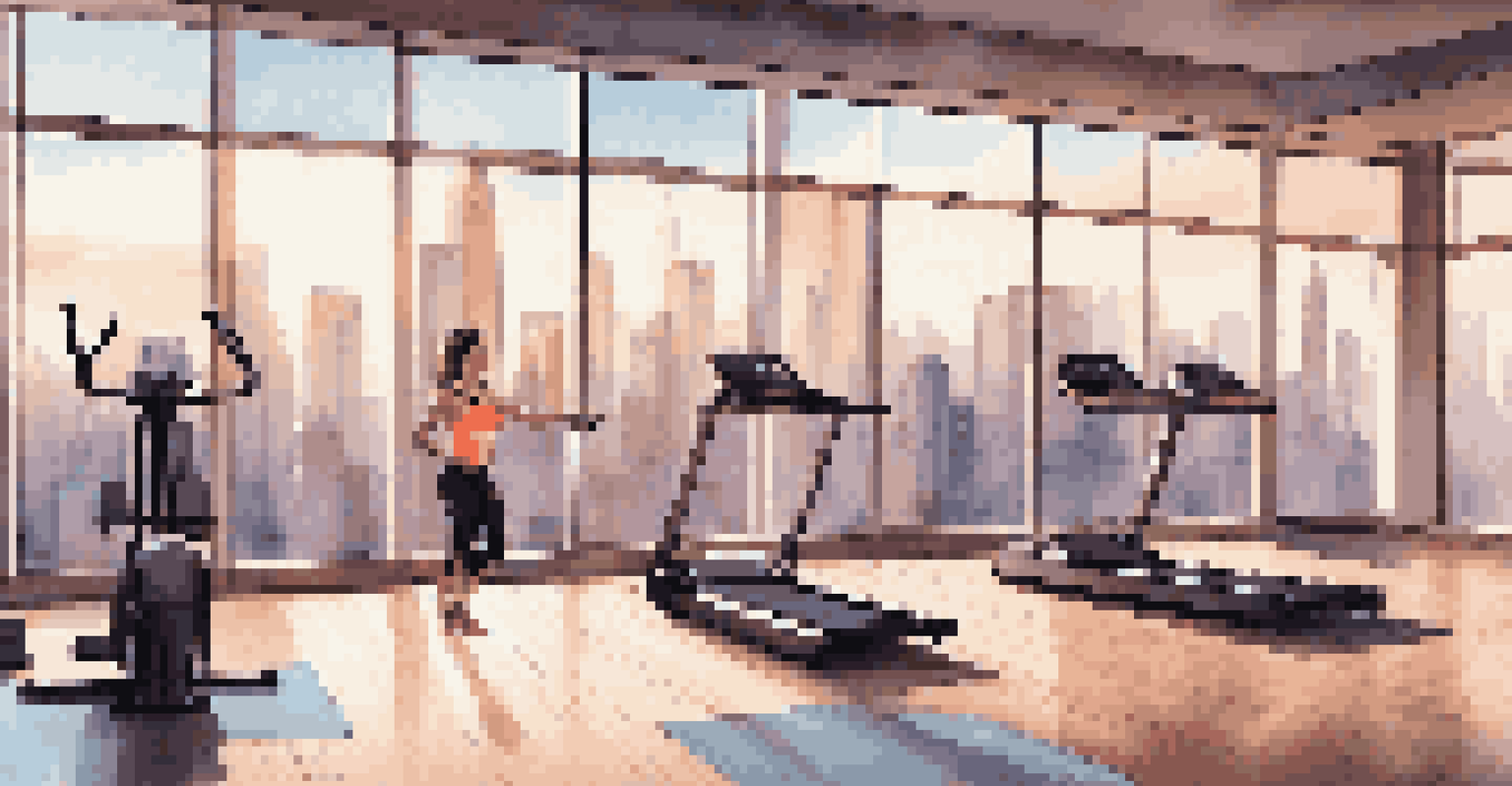 An influencer working out in a stylish fitness studio, with large windows showing a city skyline, filled with modern equipment and decor.