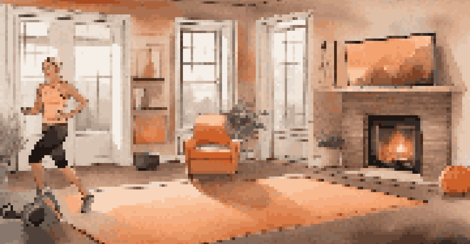 A personal trainer conducting a virtual workout session in a warm and cozy indoor space during winter.