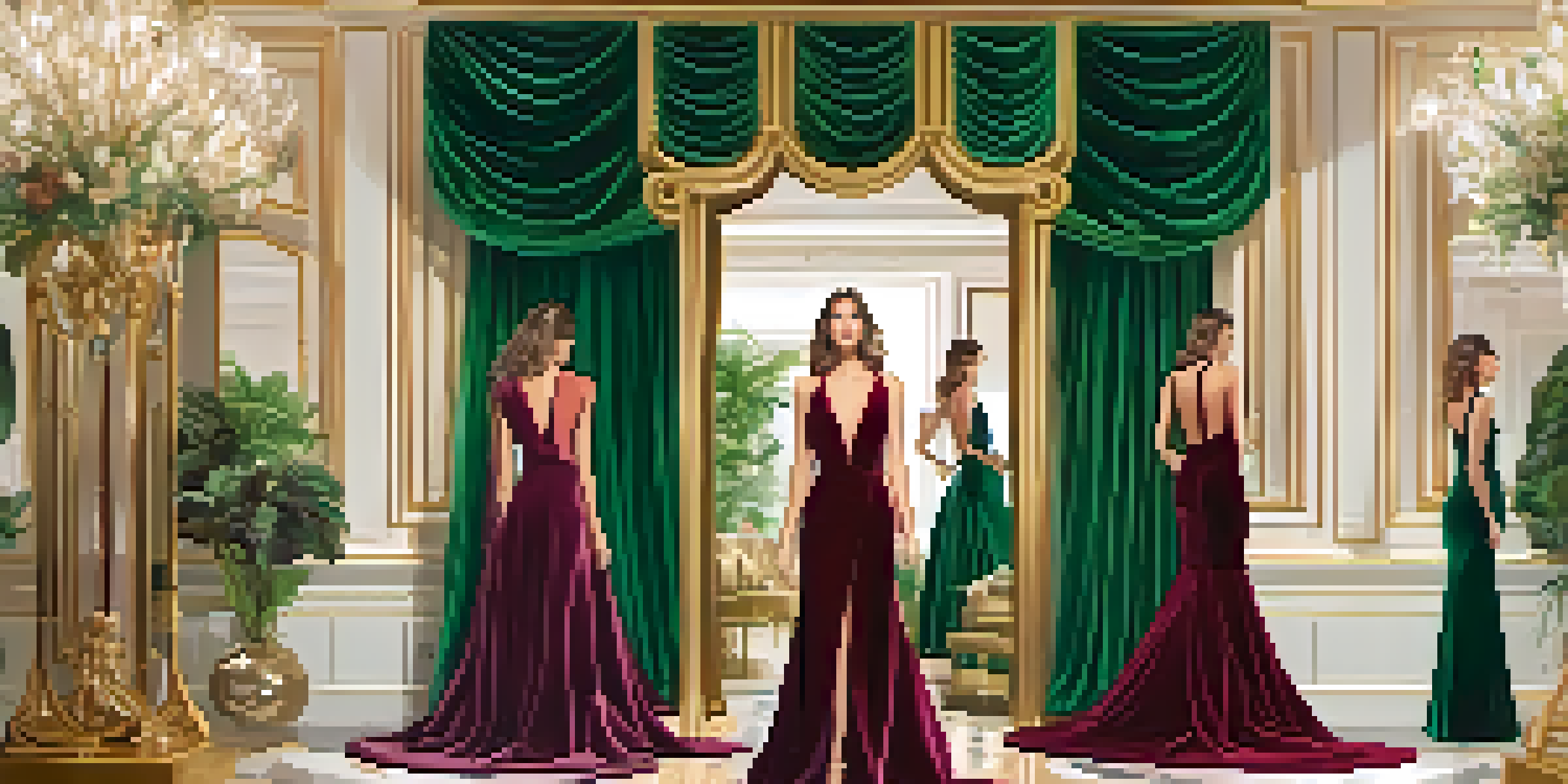 An elegant fashion rental boutique with a model trying on a luxurious gown in front of a mirror, surrounded by designer dresses and accessories.