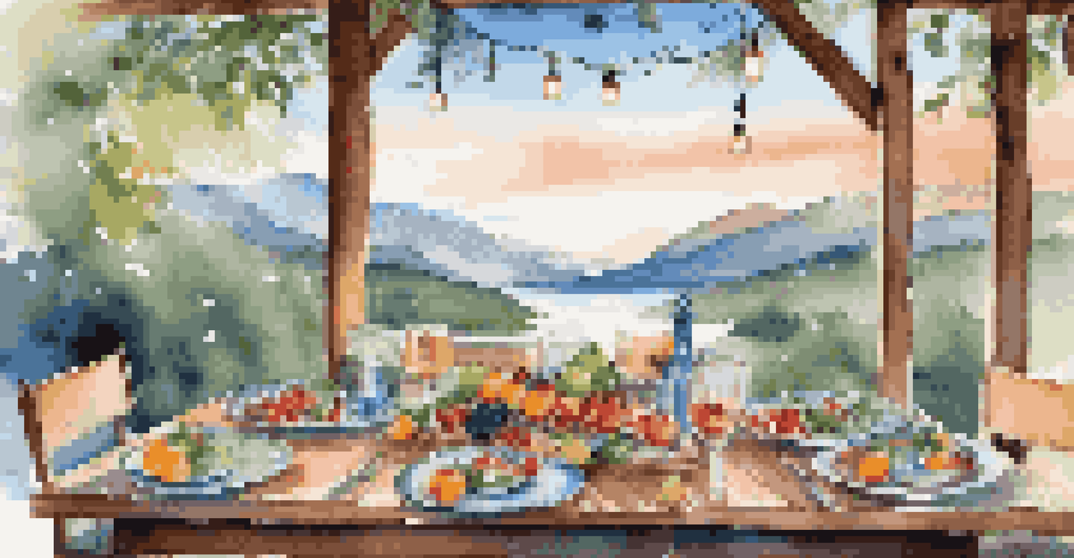 An outdoor dining setup at a luxury camping site with a rustic table, colorful dishes, and a stunning mountain view.