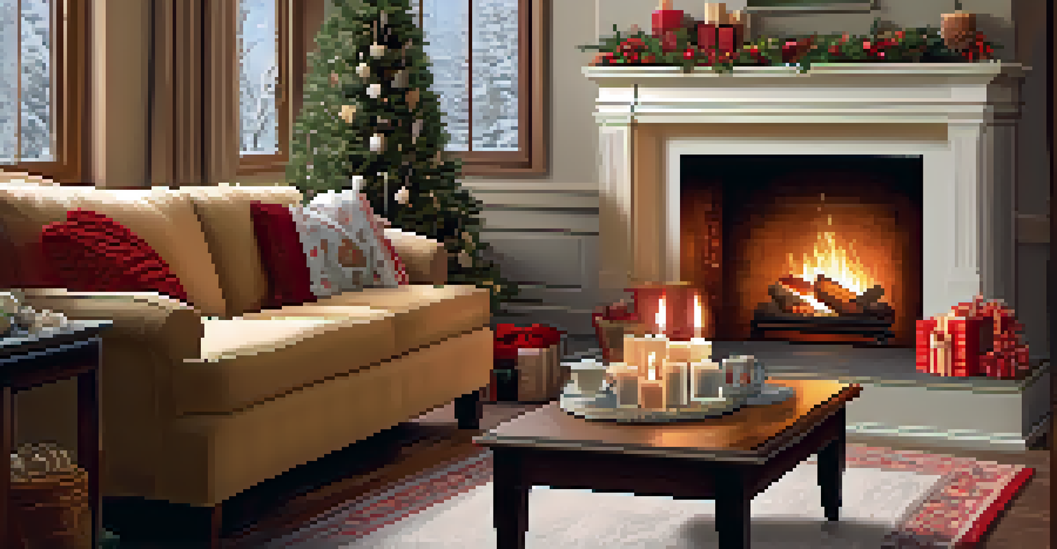 A cozy winter living room with a fireplace, decorated for the holidays, showcasing warmth and nostalgia.
