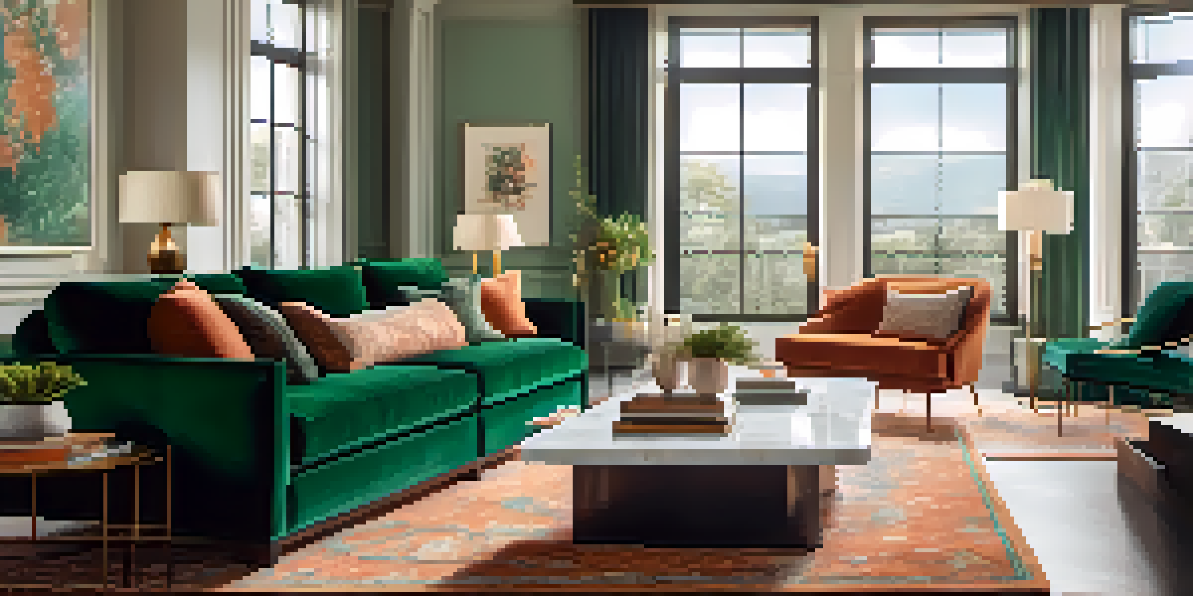 A luxurious living room with an emerald green velvet sofa, terracotta pillows, a marble coffee table, and a cozy woven rug under soft natural light.