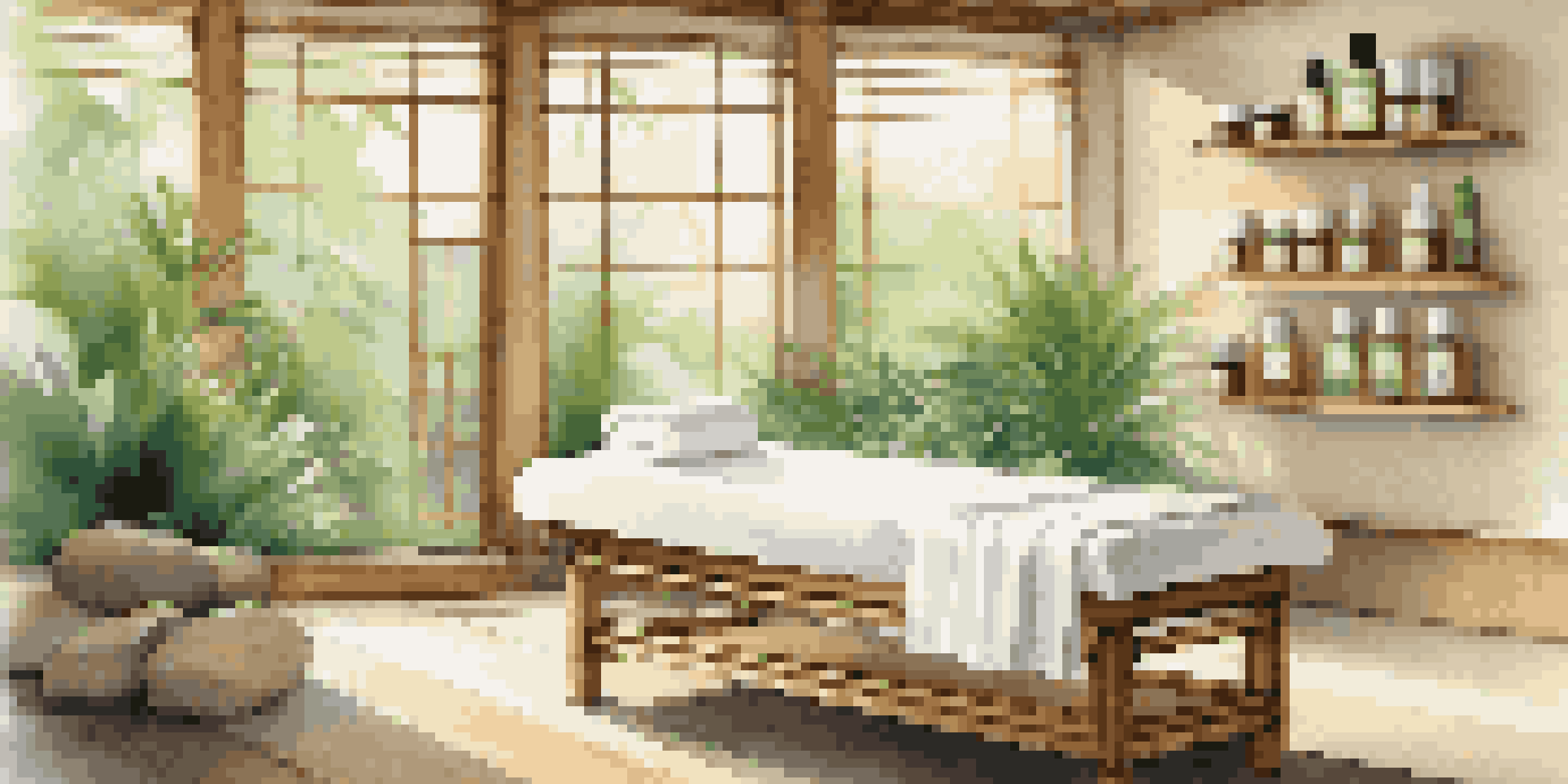 A tranquil spa treatment room filled with natural light, featuring a massage table and organic skincare products.