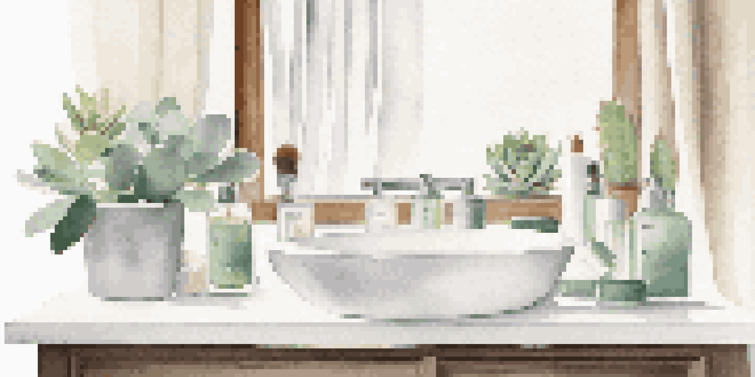 A peaceful bathroom with minimal luxury personal care products on a marble countertop, including a moisturizer and a plant, illuminated by soft natural light.