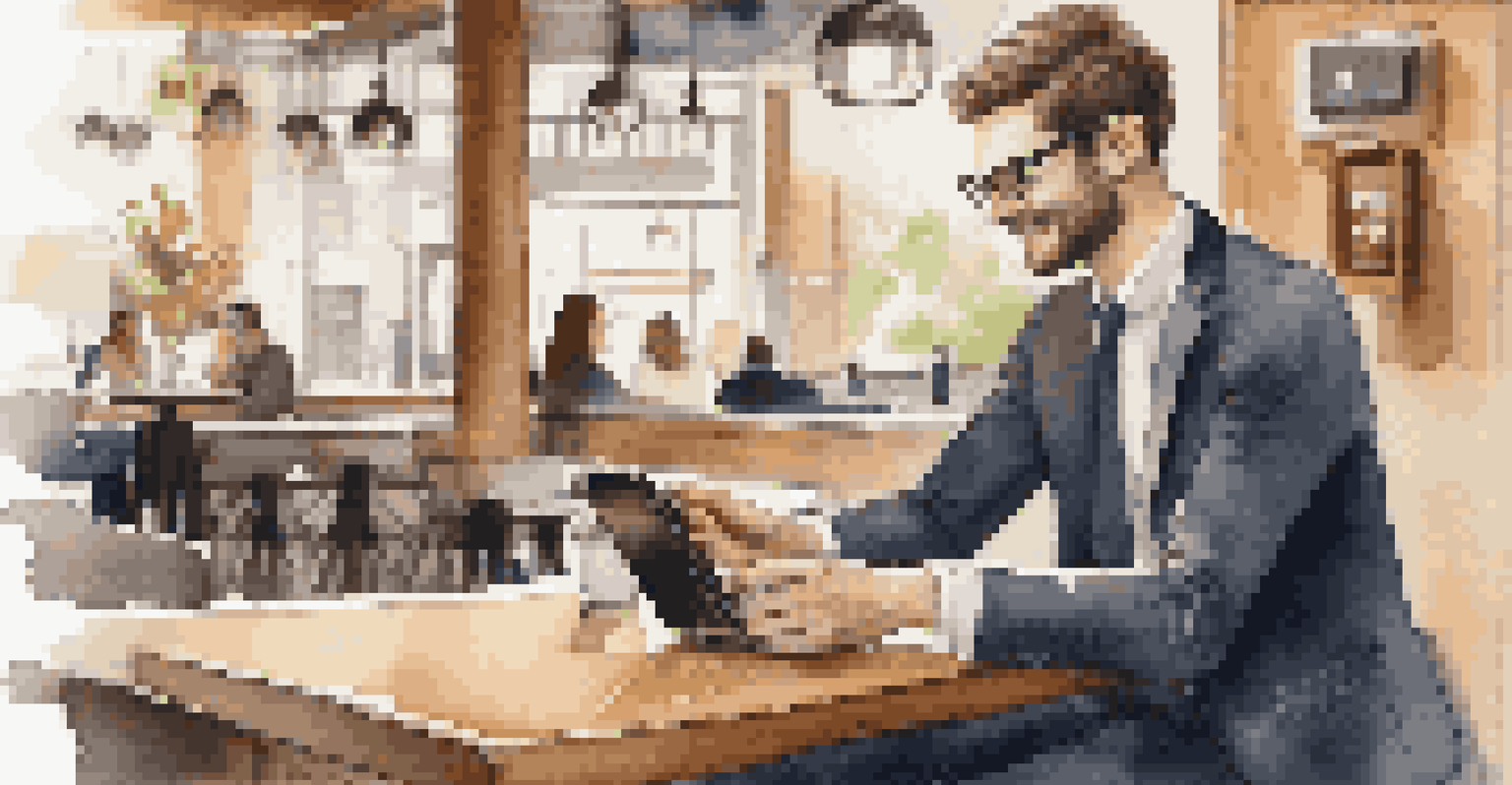 A young professional using a smart wallet to make a contactless payment in a cozy coffee shop, with warm lighting and wooden decor.