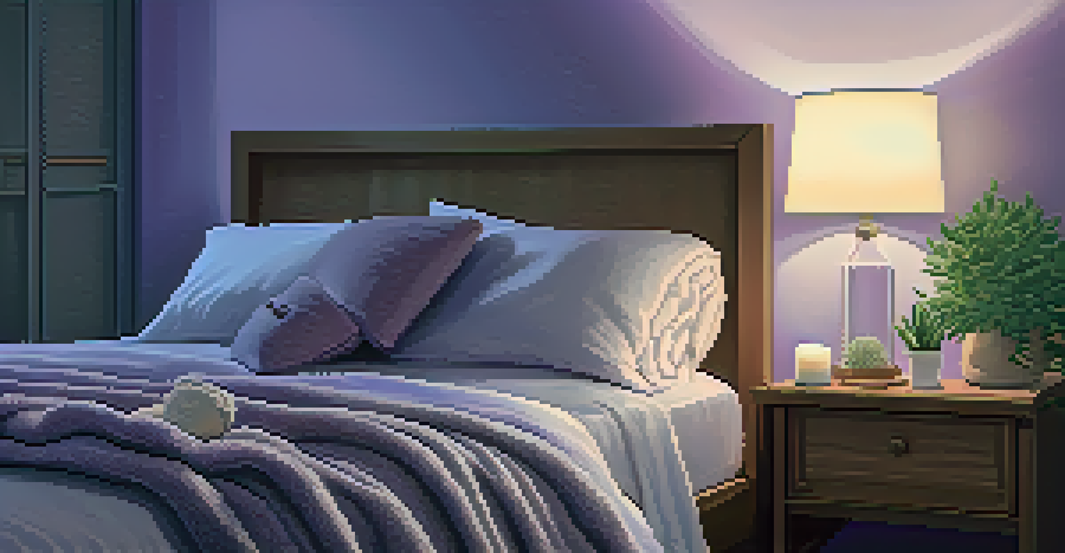 A peaceful bedroom with a smart diffuser emitting lavender mist and soft lighting.