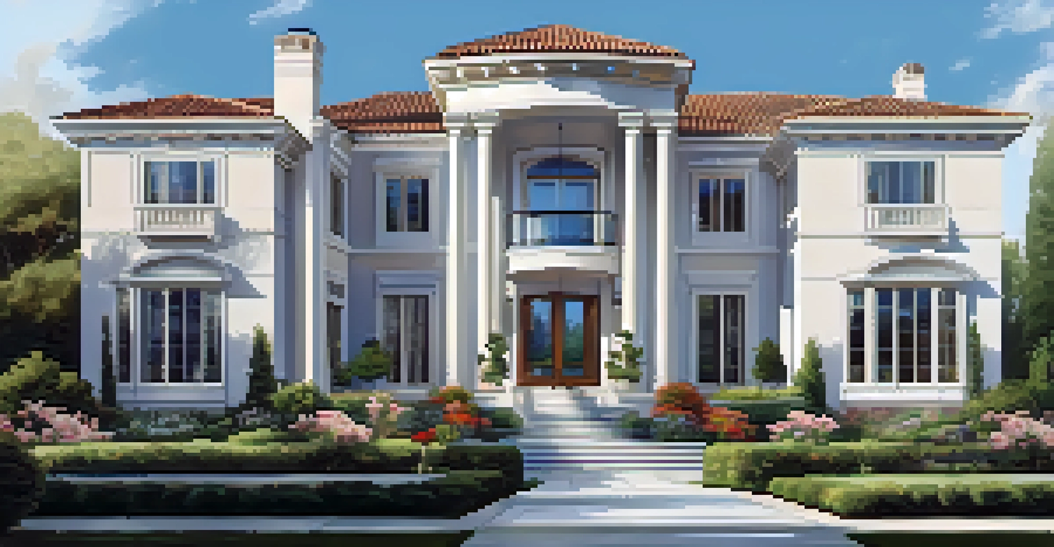A luxury home exterior combining modern and classic architecture with beautiful landscaping.