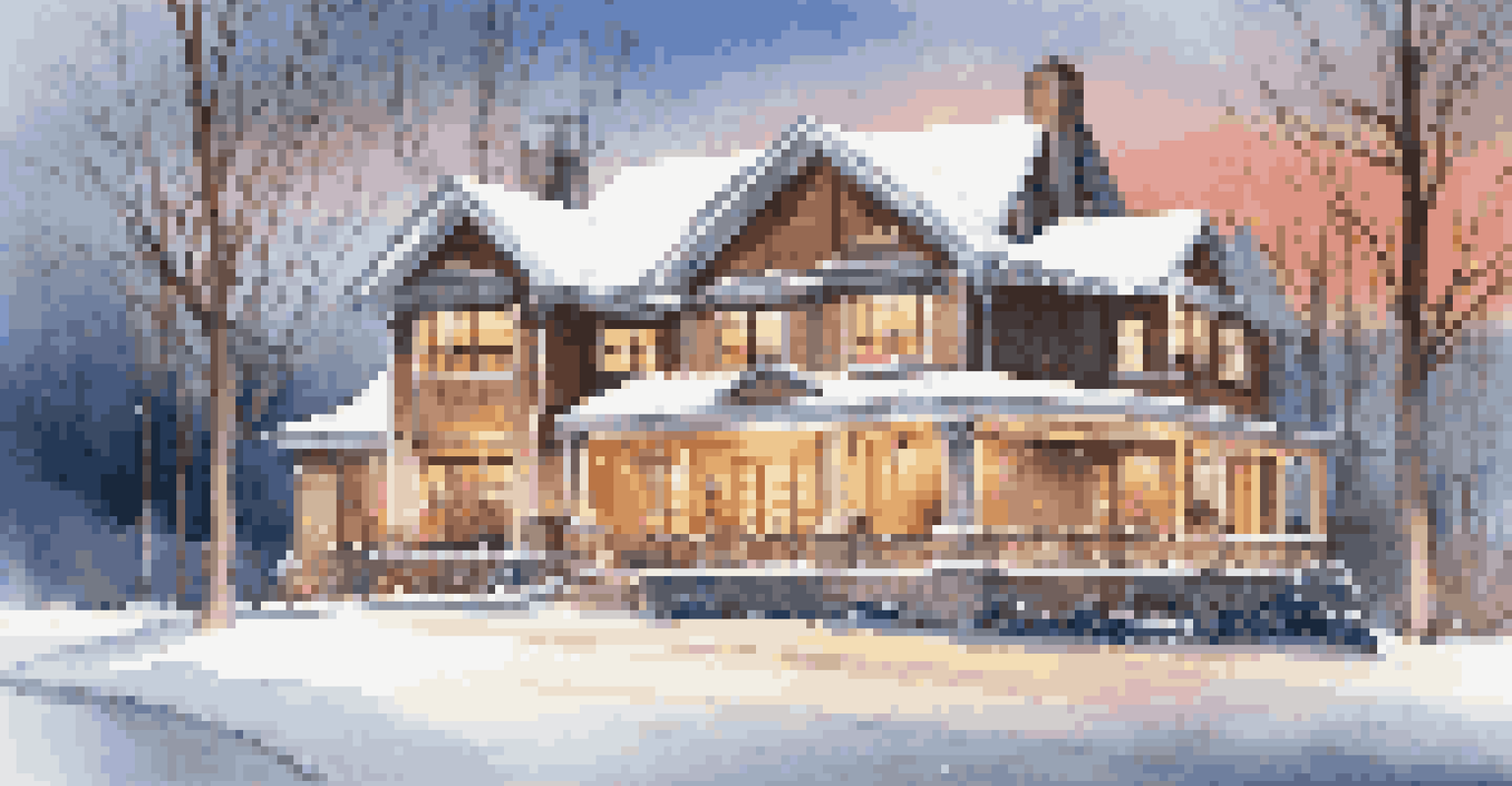 A luxury home in winter with snow and icicles, glowing warmly from the windows, contrasting with the cold outside.