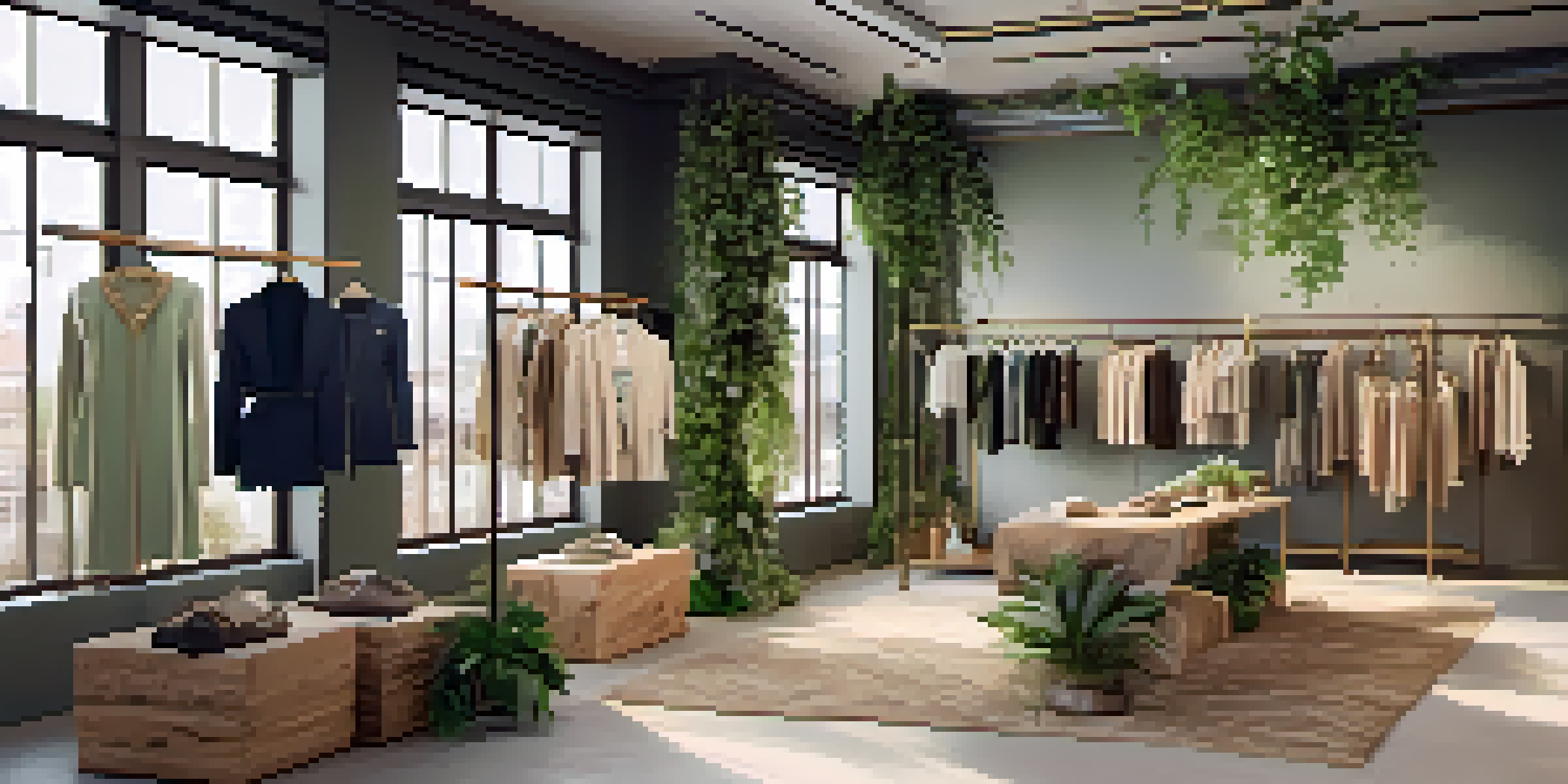 Interior of a luxurious fashion boutique with sustainable clothing on display, natural lighting, and greenery.