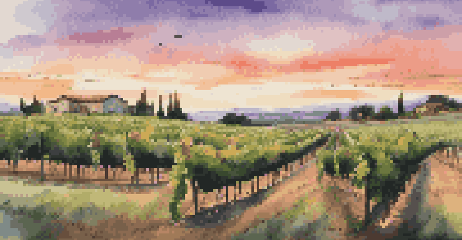 A vineyard at sunset with rows of grapevines and a rustic sign saying 'Local Wines'.