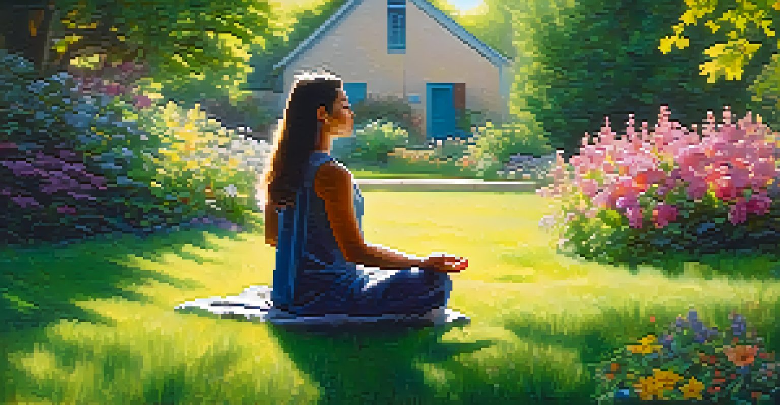 A person meditating in a garden full of colorful flowers and greenery, with sunlight filtering through the leaves.