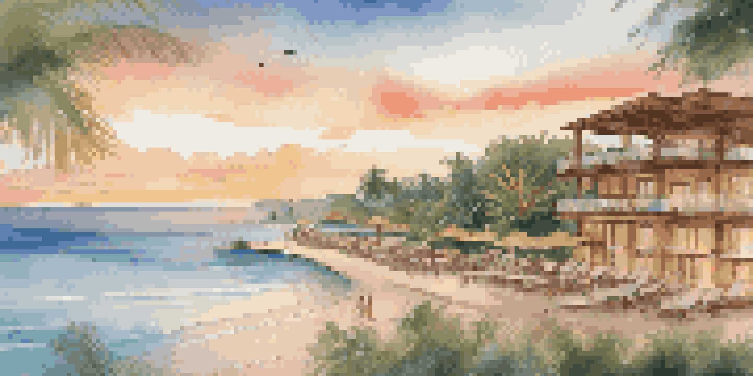 A beautiful eco-resort with an infinity pool and sunset view, where guests are participating in a beach cleanup with locals.