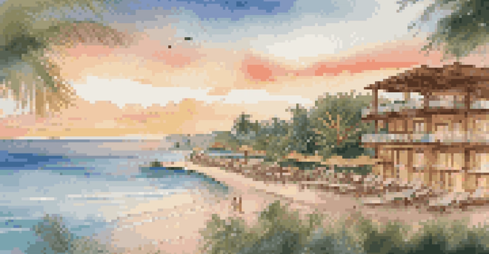 A beautiful eco-resort with an infinity pool and sunset view, where guests are participating in a beach cleanup with locals.