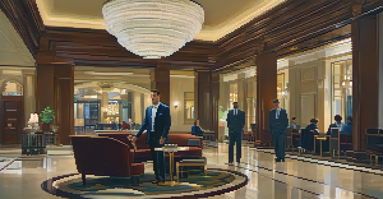 A sophisticated traveler in smart casual attire interacting with hotel staff in an elegant hotel lobby.