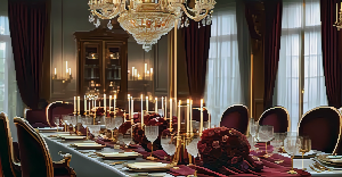 A beautifully set dining table with fine china and crystal glassware, illuminated by soft candlelight.