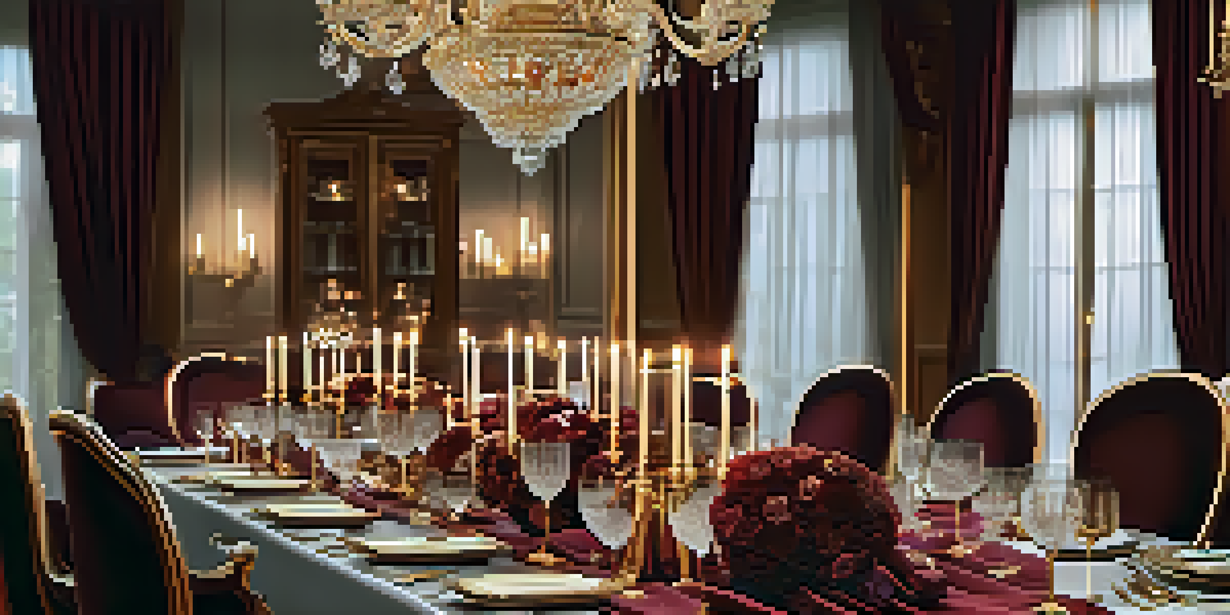 A beautifully set dining table with fine china and crystal glassware, illuminated by soft candlelight.
