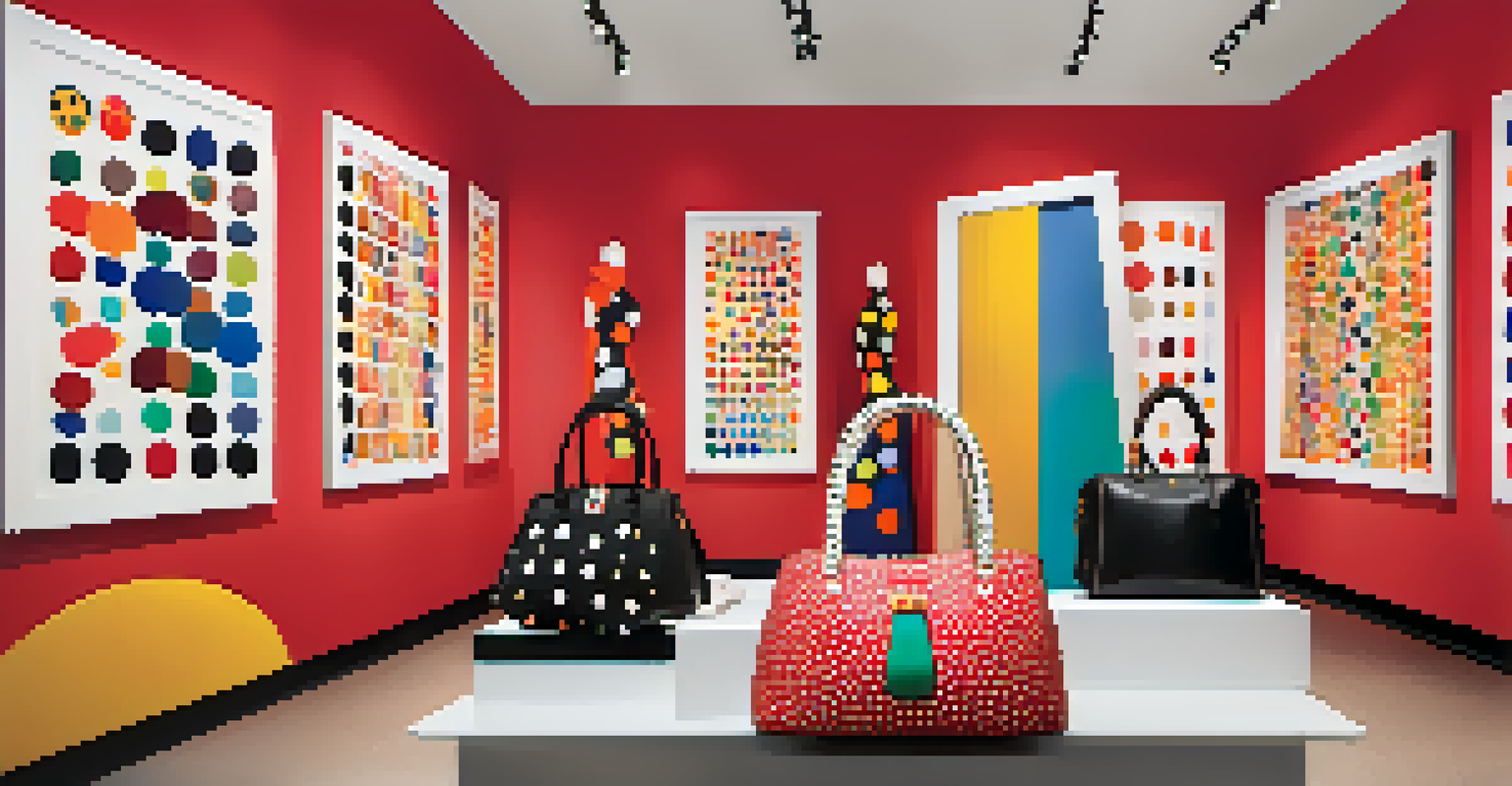A boutique display of luxury handbags adorned with Yayoi Kusama's polka dots, against a colorful dotted background.